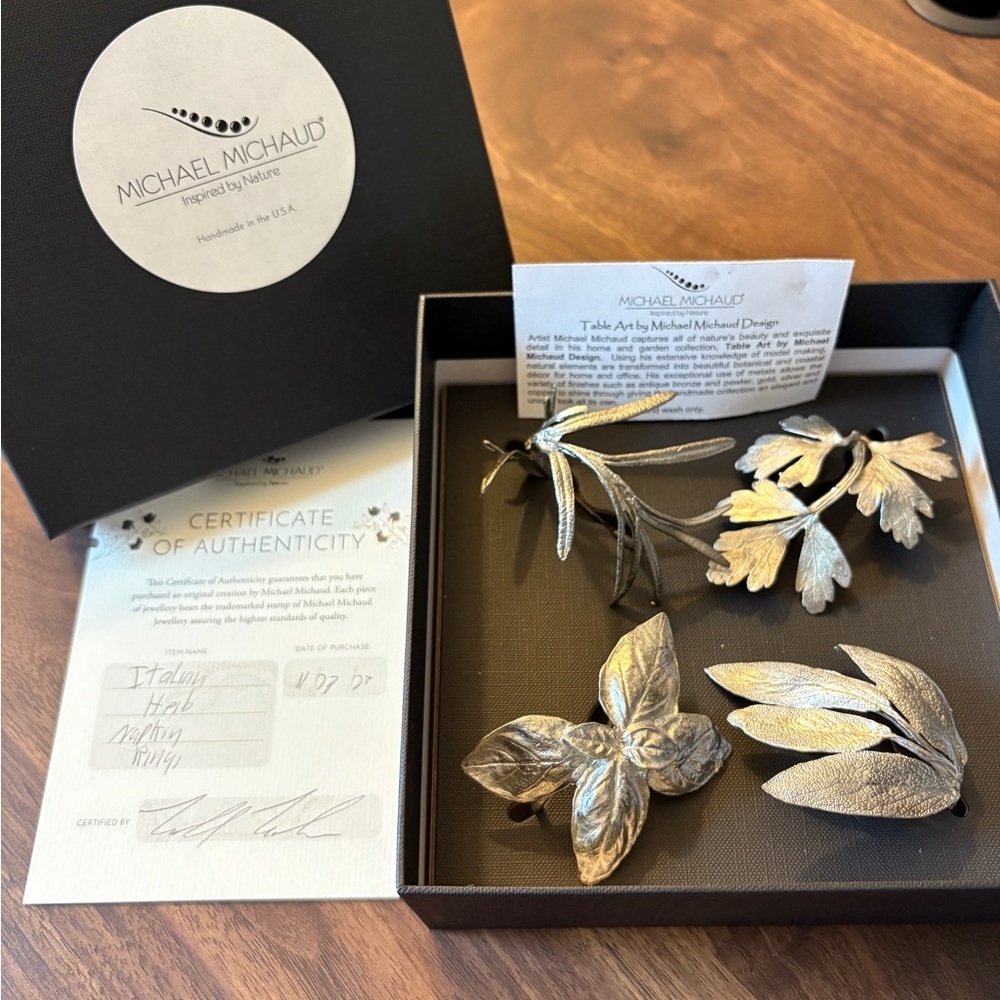 Michael Michaud Silver Italian Herb Napkin Rings - Set of 4